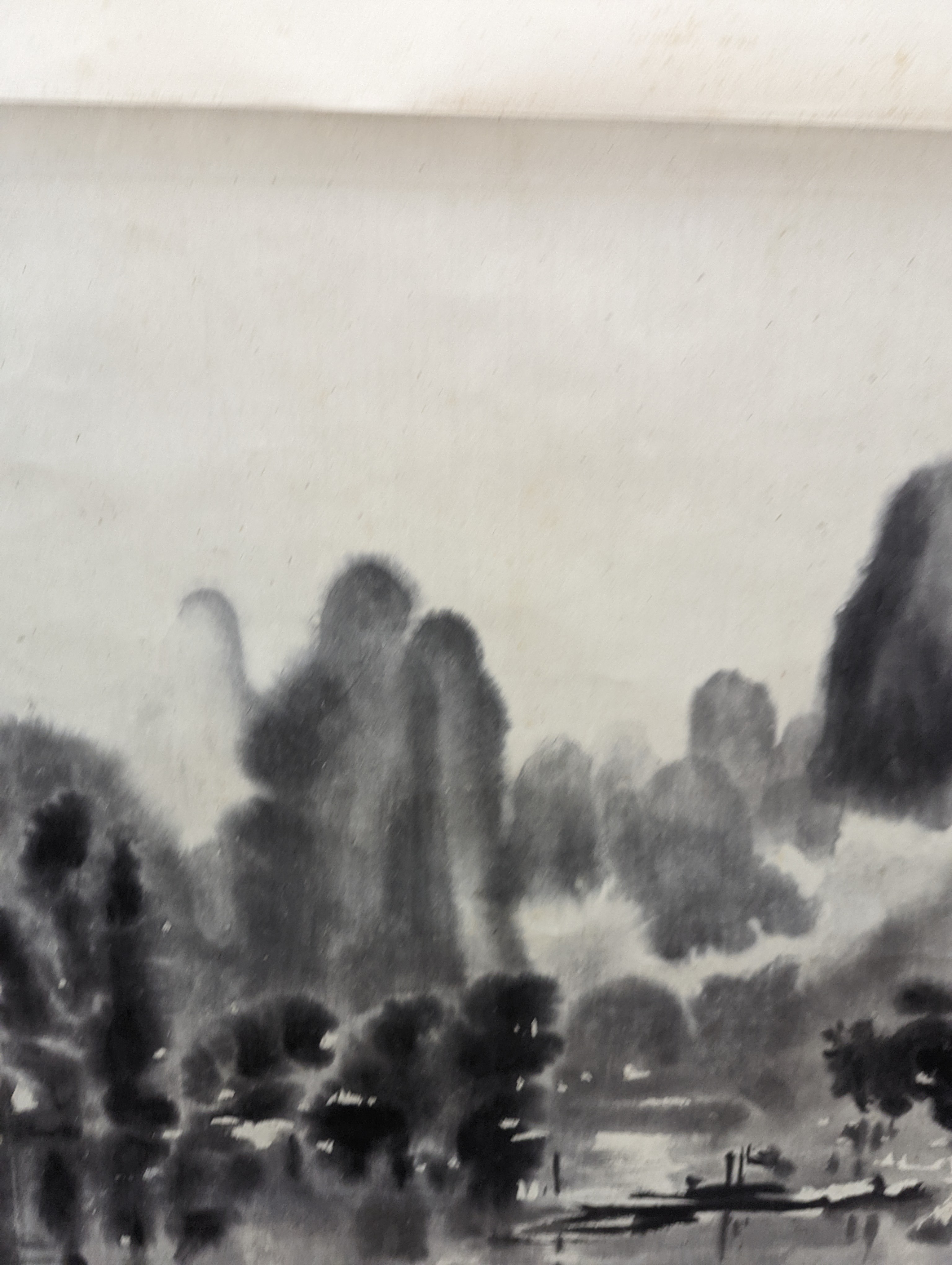 Two mid 20th century Japanese watercolour on paper scroll paintings, Boatman in a landscape, 79.5 x 113cm, and Cormorants on a bank, 103 x 106cm